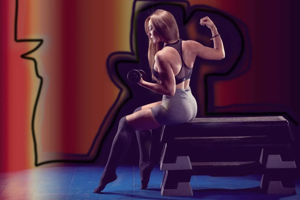 Fit woman lifting weights, showcasing strength in a gym environment.
